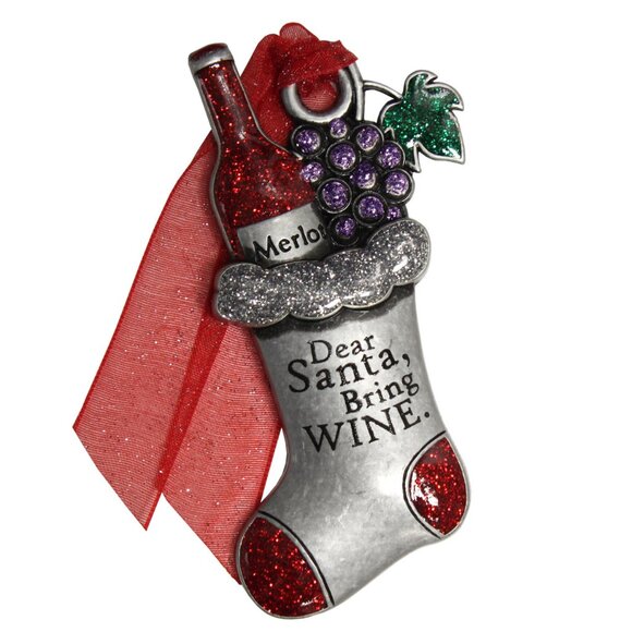 New! Dear Santa Bring Wine Pewter & Enamel Christmas Ornament Merlot & Grapes - Picture 1 of 2